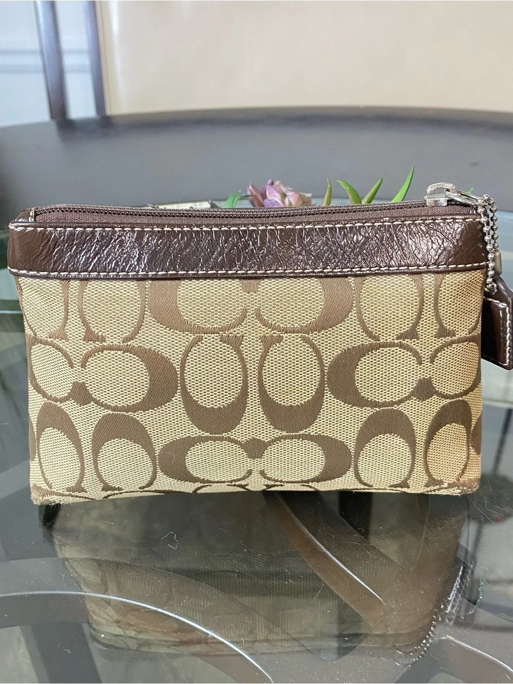 Coach Signature Pleated Wristlet Khaki Mahogany Canvas Leather Pouch F43434